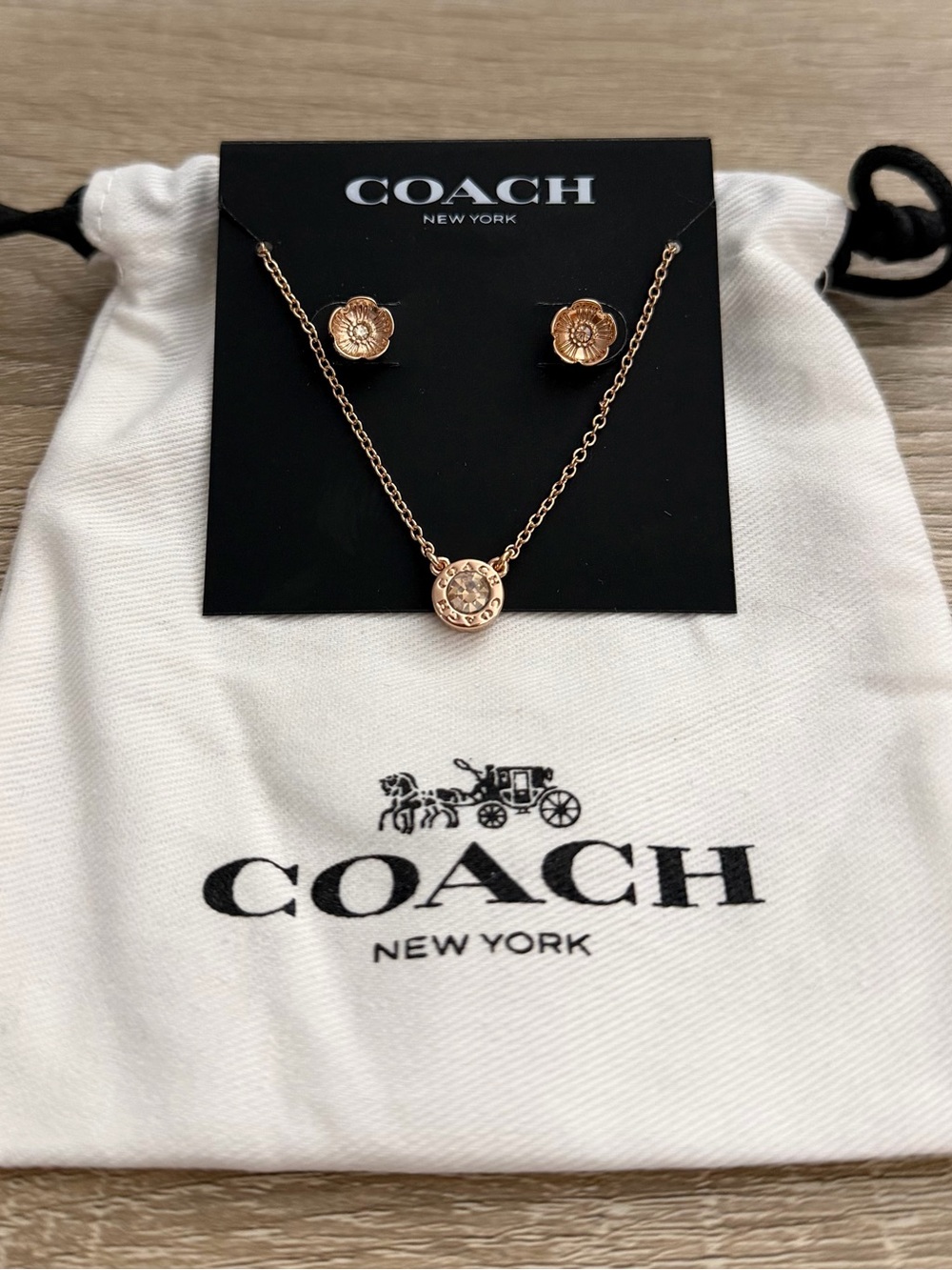 Coach Rose Gold Crystal Necklace & Flower Stud Earrings Set NWT - Picture 2 of 5